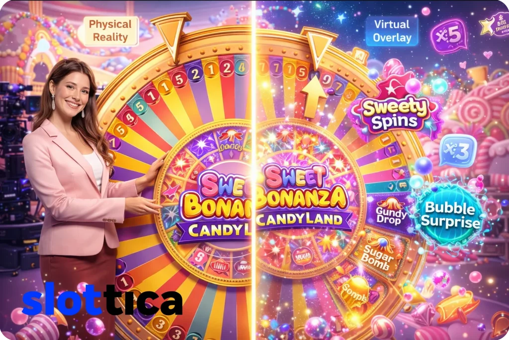 Overview illustration of Sweet Bonanza CandyLand live casino game showing candy wheel, game show studio, and real croupier environment.