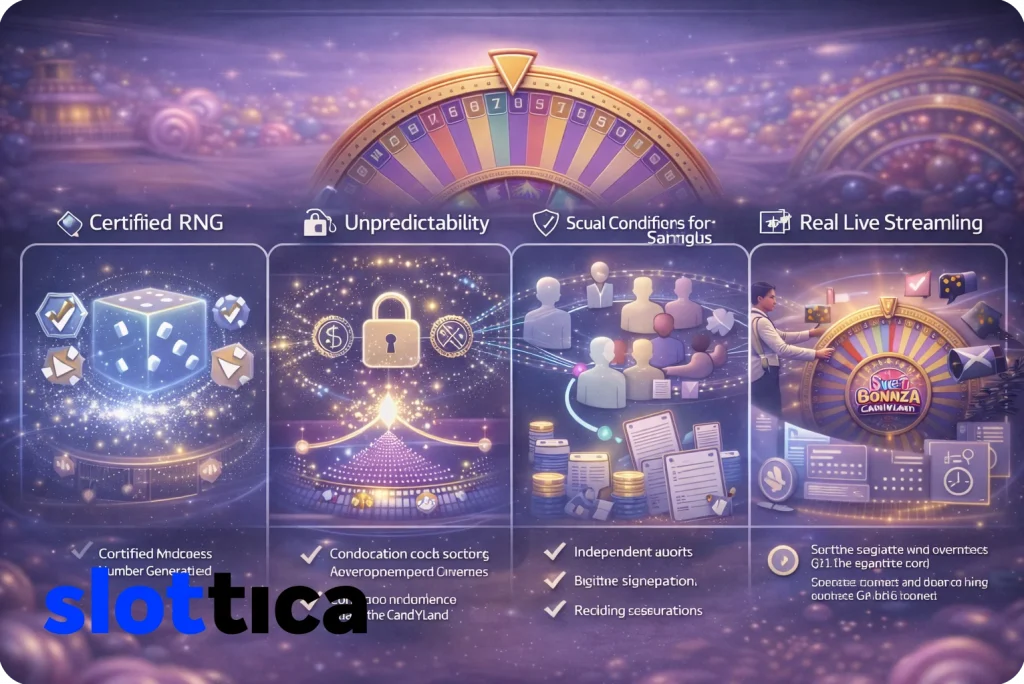 Fair play illustration for Sweet Bonanza CandyLand showing certified RNG, independent audits, equal conditions for players, and real live streaming.