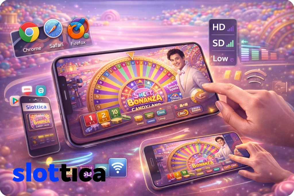 Mobile gameplay illustration of Sweet Bonanza CandyLand showing touch controls, adaptive streaming, landscape mode, and stable performance on smartphones.
