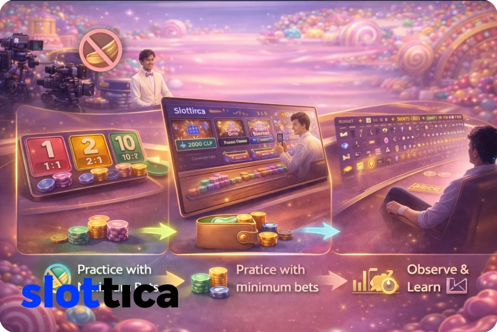 Sweet Bonanza CandyLand practice mode illustration showing live dealer gameplay, minimum bets, observation mode, and result history for learning the game.