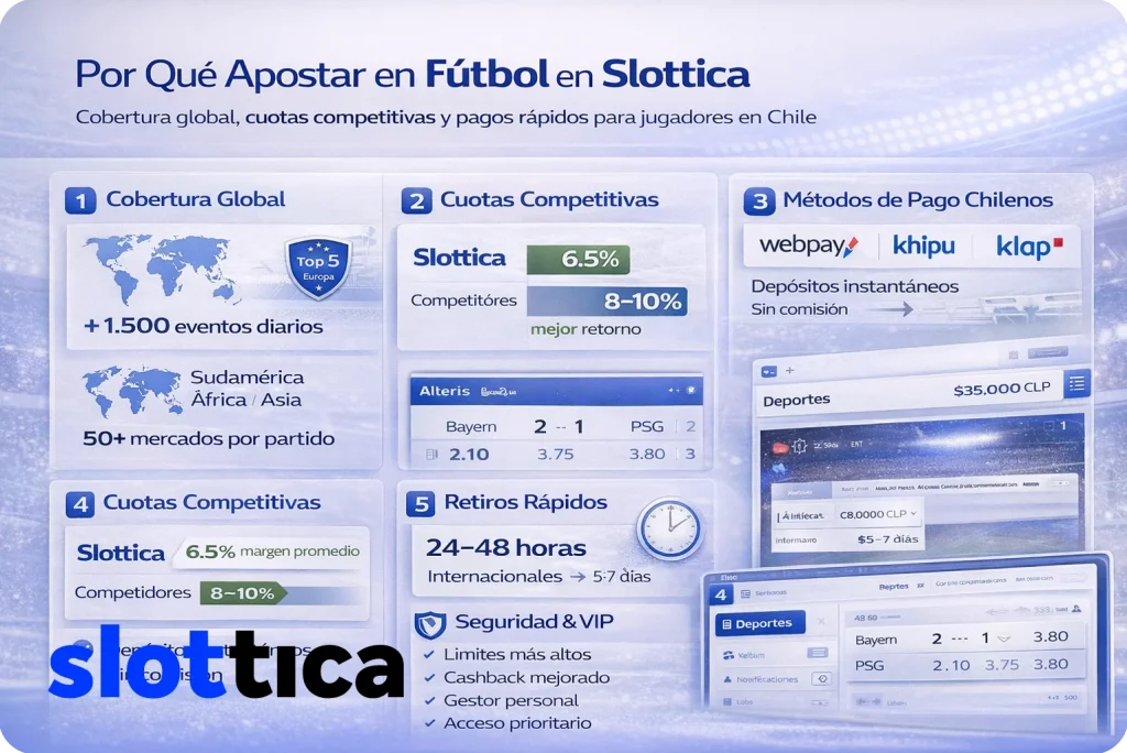 Sección destacando ventajas de apostar en fútbol en Slottica como cuotas competitivas y pagos rápidos.