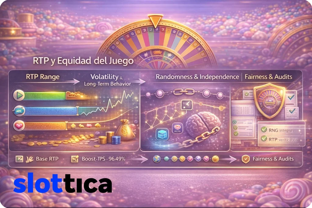 Analytical illustration of Sweet Bonanza CandyLand RTP and game fairness showing volatility, randomness, independent spins, and balanced payout distribution.