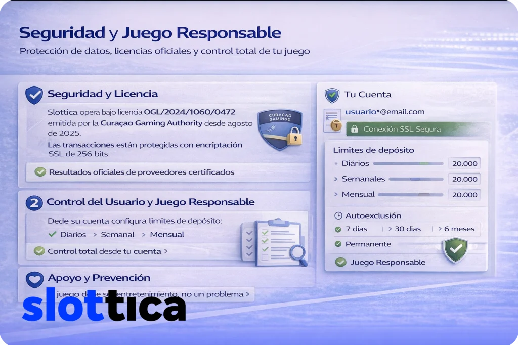 Banner de seguridad y juego responsable con licencia oficial, encriptación SSL y herramientas de control de cuenta.