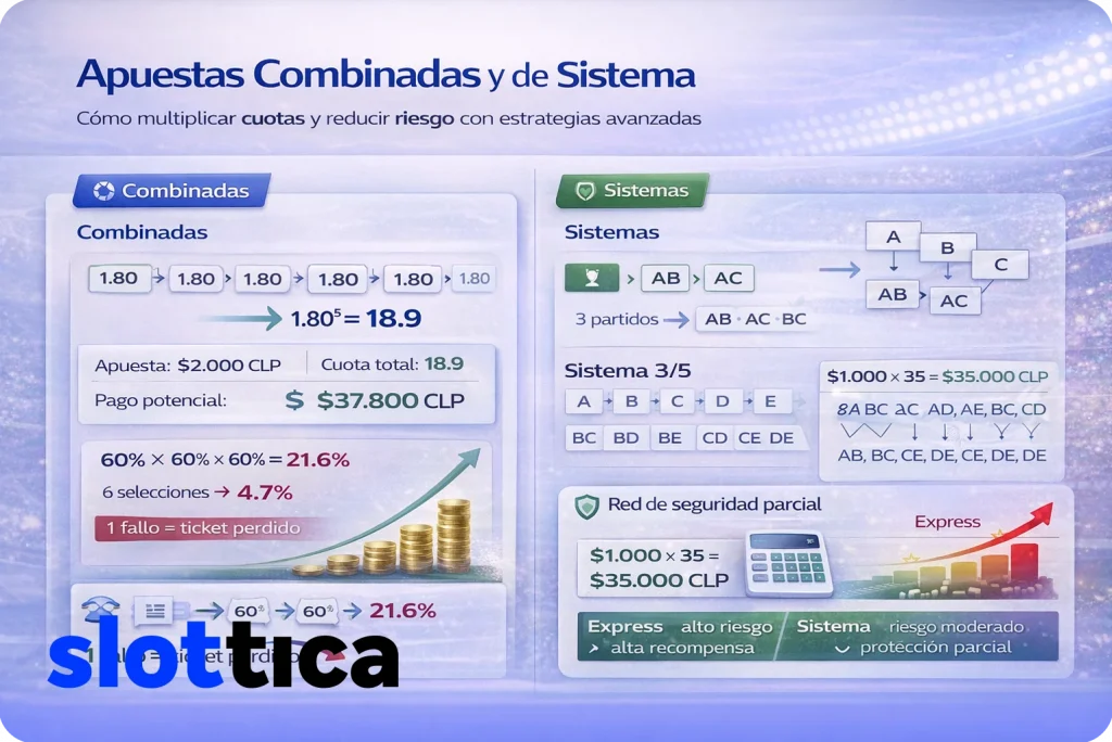Explicación visual de apuestas combinadas y sistemas mostrando multiplicación de cuotas y cálculo de riesgo.