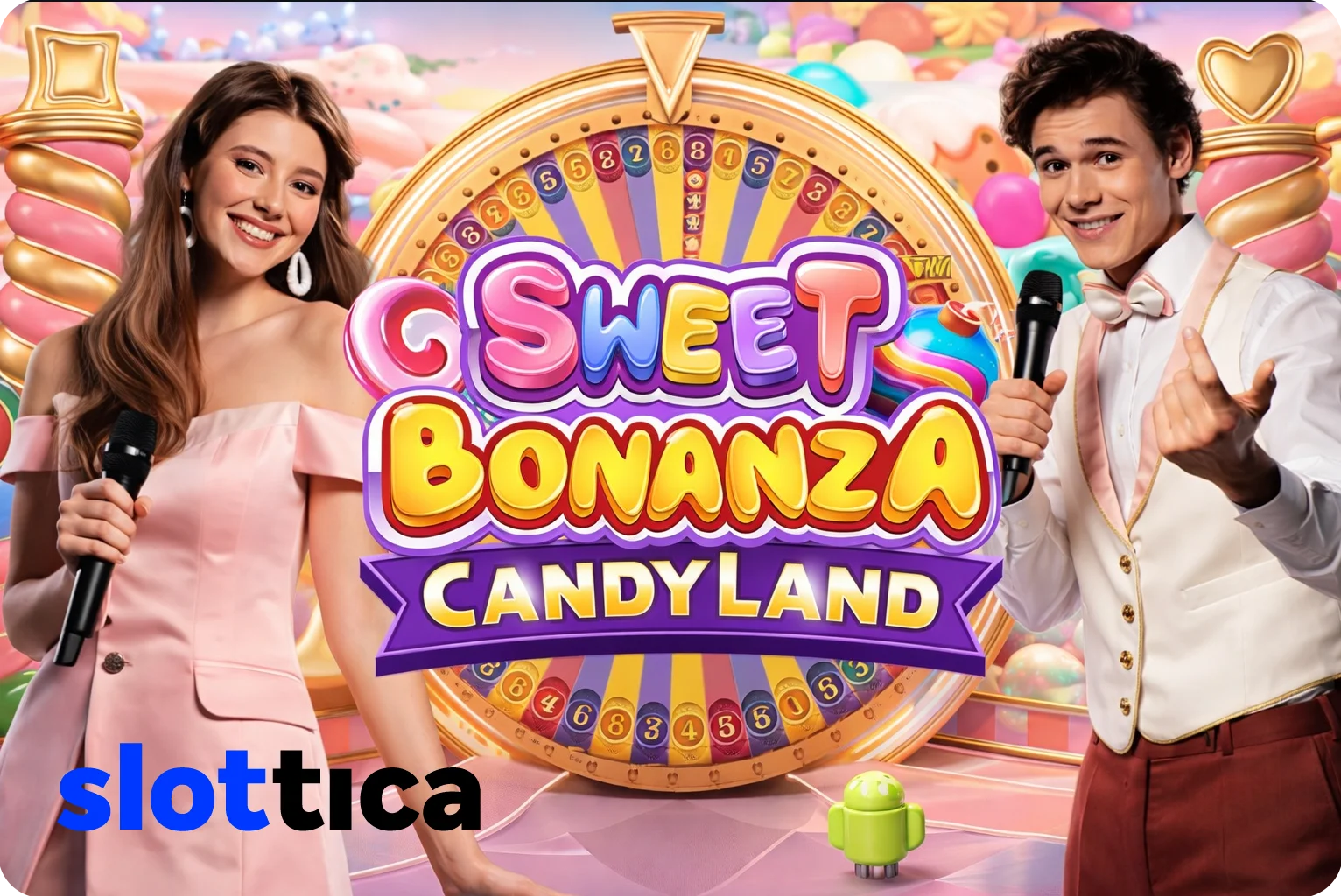 Sweet Bonanza CandyLand live casino game show illustration with candy themed wheel, real dealer, and high multiplier bonus features.