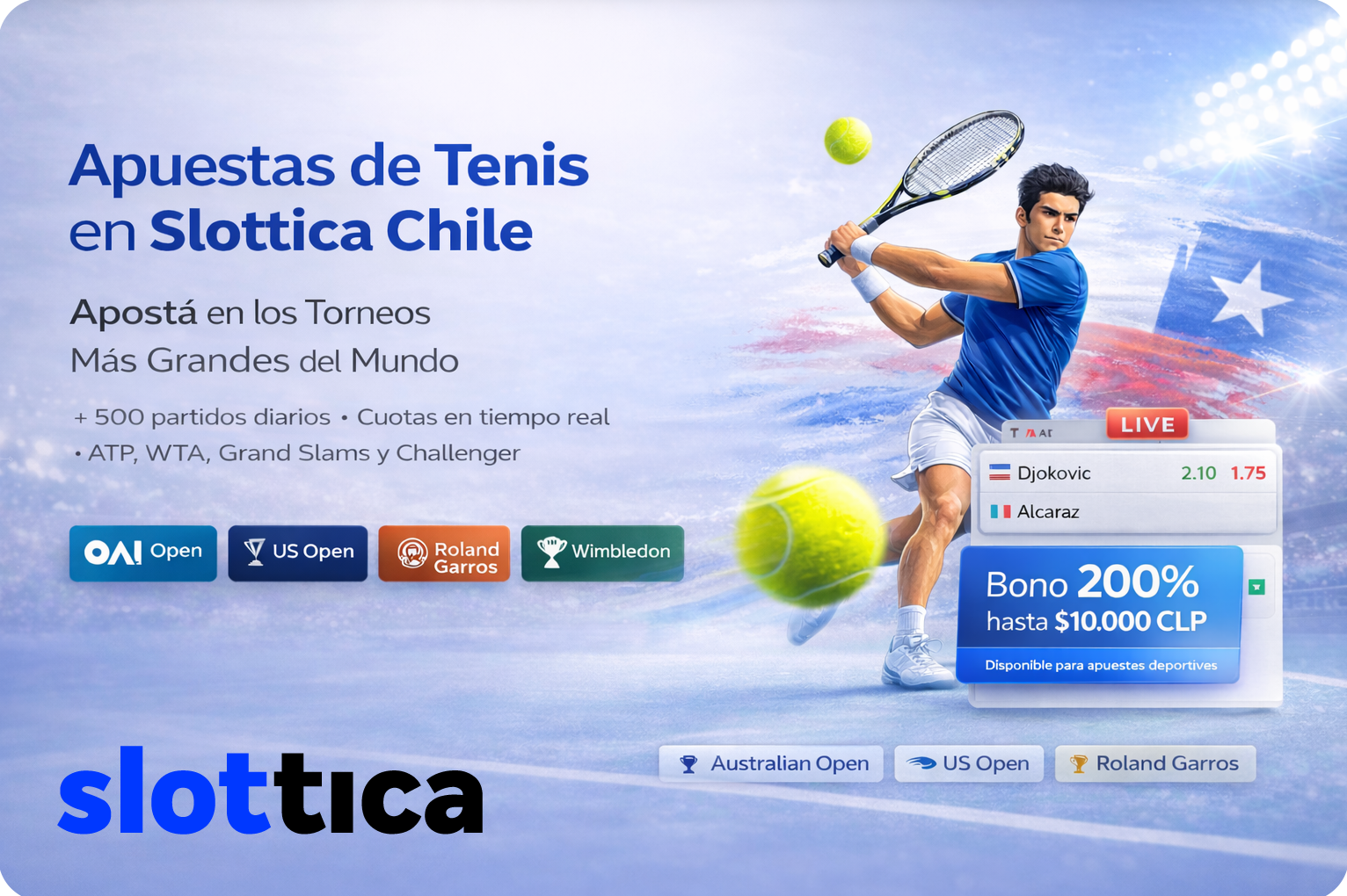 Banner de apuestas de tenis en Slottica Chile con jugador en acción, cuotas en vivo y bono de bienvenida 200% hasta $10.000 CLP.