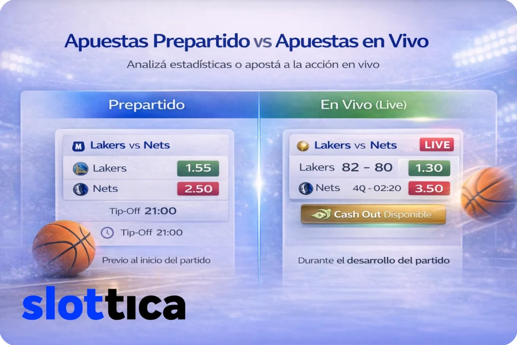 Comparación visual entre apuestas prepartido y apuestas en vivo con cuotas dinámicas y función cash out.