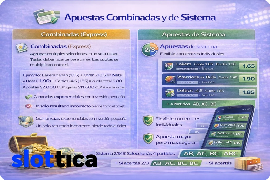 Visualización de apuesta combinada y sistema 2/3 con cálculo de cuota total en básquetbol.