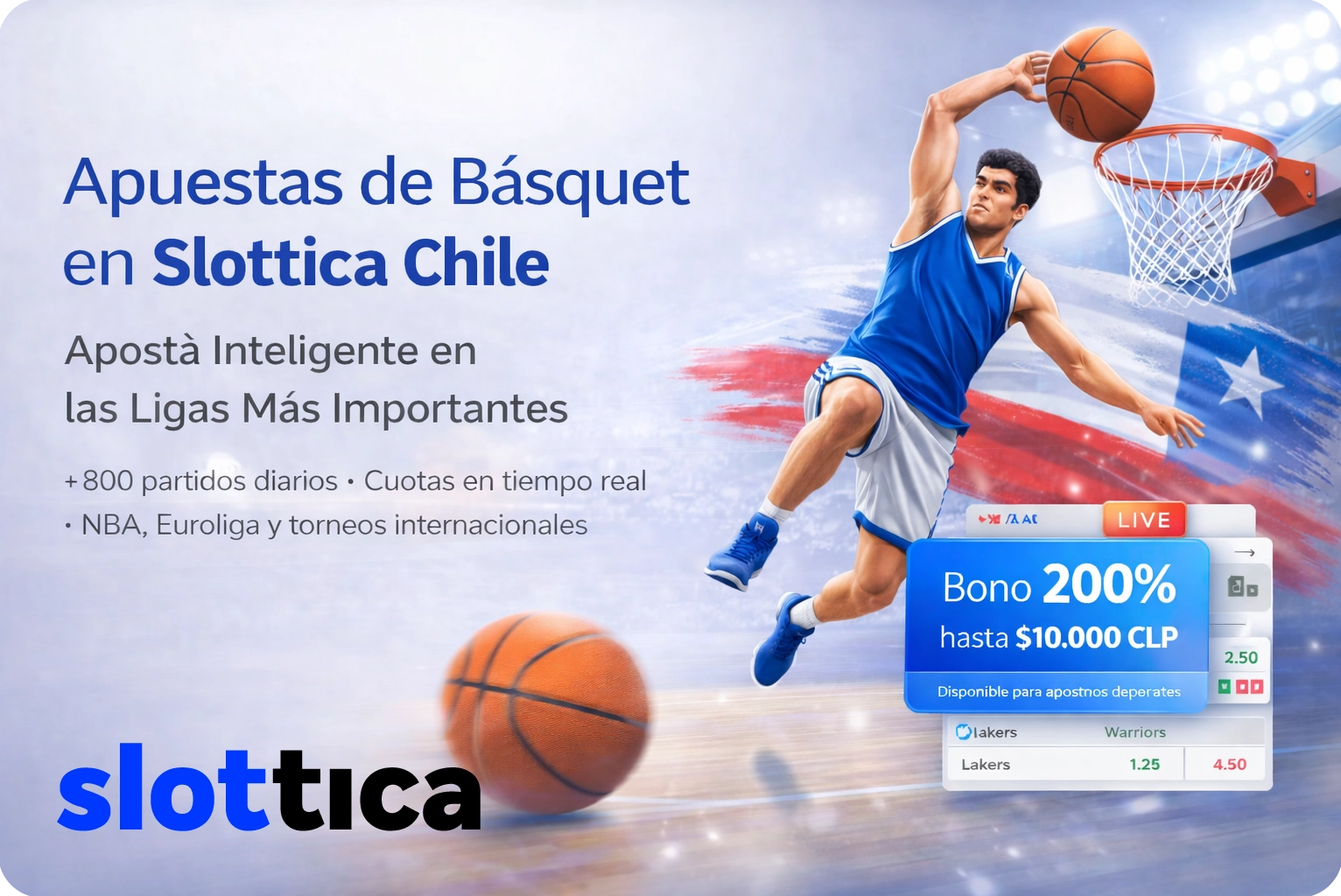Jugador de básquet lanzando al aro con panel de apuestas NBA y cuotas en tiempo real en plataforma deportiva chilena.