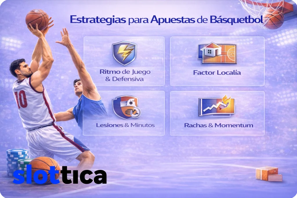 Ilustración de dos jugadores de básquet en acción con gráficos de análisis y gestión de bankroll.