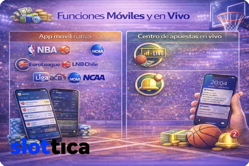Aplicación móvil de apuestas deportivas mostrando partido de básquet en vivo con notificaciones y cuotas actualizadas.
