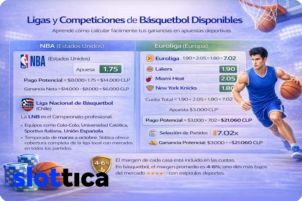 Banner con competiciones NBA, Euroliga, LNB Chile y NCAA en plataforma de apuestas deportivas.