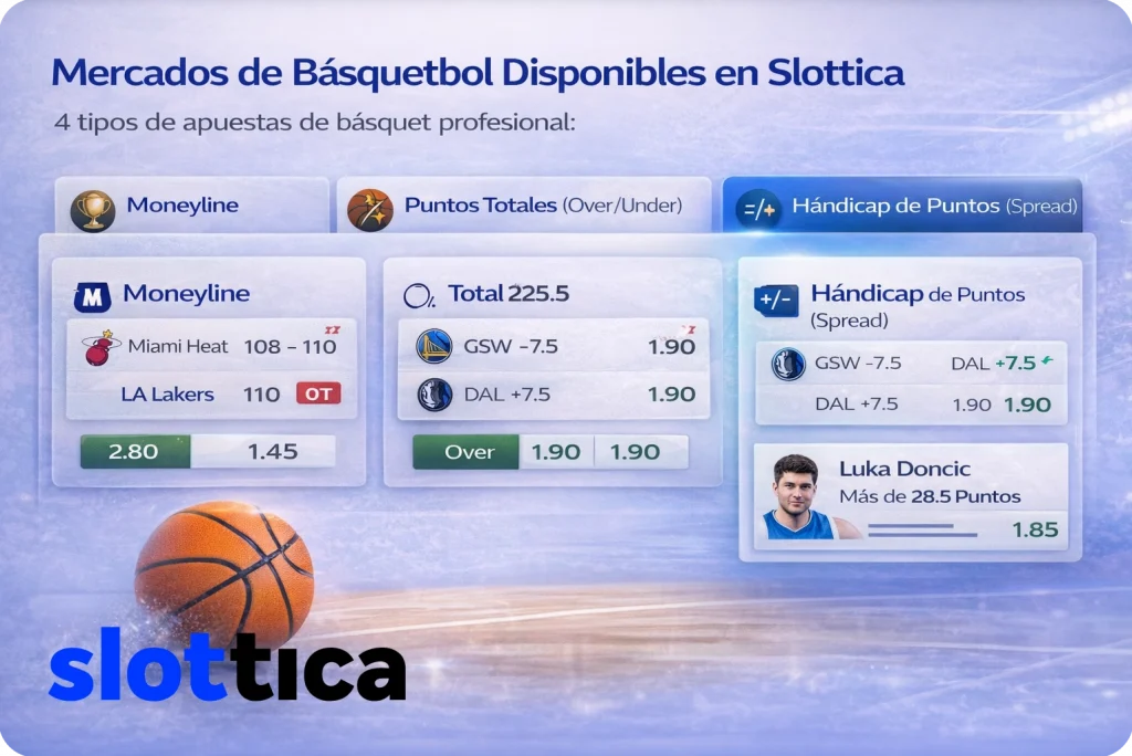 Panel visual con mercados de básquetbol como moneyline, spread, total de puntos y props de jugadores.