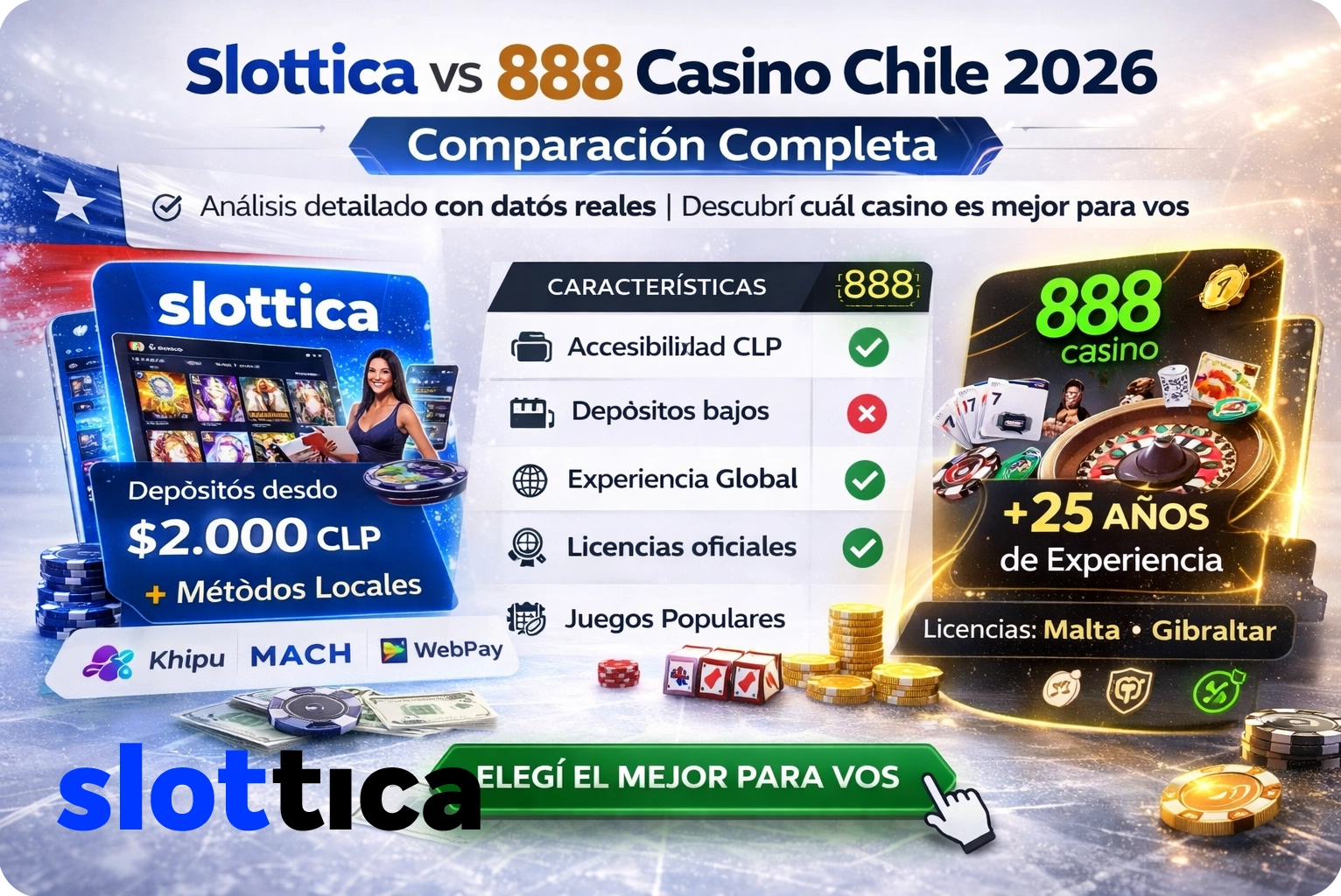 Comparación Slottica vs 888 Casino Chile 2026: bonos 200% vs 100%, juegos 5000 vs 600, Webpay Khipu retiros rápidos
