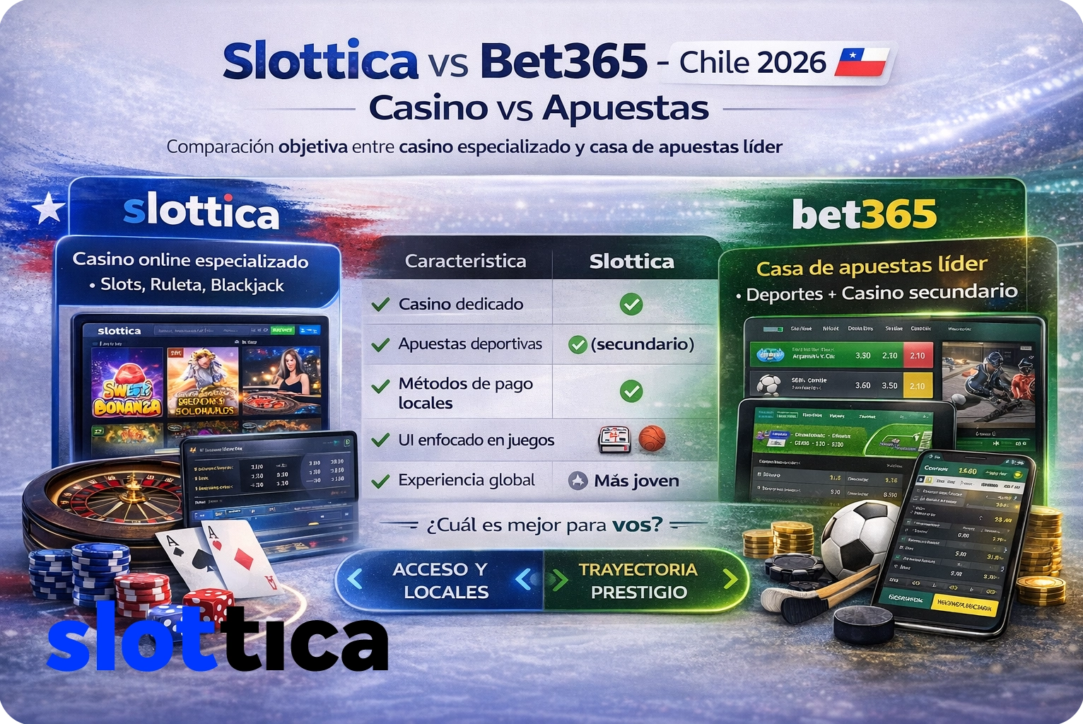 Comparación Slottica vs Bet365 Chile 2026: casino 5000 juegos vs apuestas deportivas streaming, Webpay retiros 24 horas